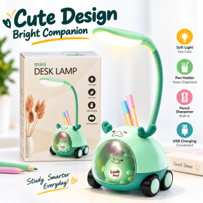 LED Plastic Night Lamp on Wheel – Portable USB Rechargeable Eye-Caring Desk Lamp with Touch Control, Stepless Dimming, 2000mAh Battery & 3-in-1 Pen/Phone Holder Base